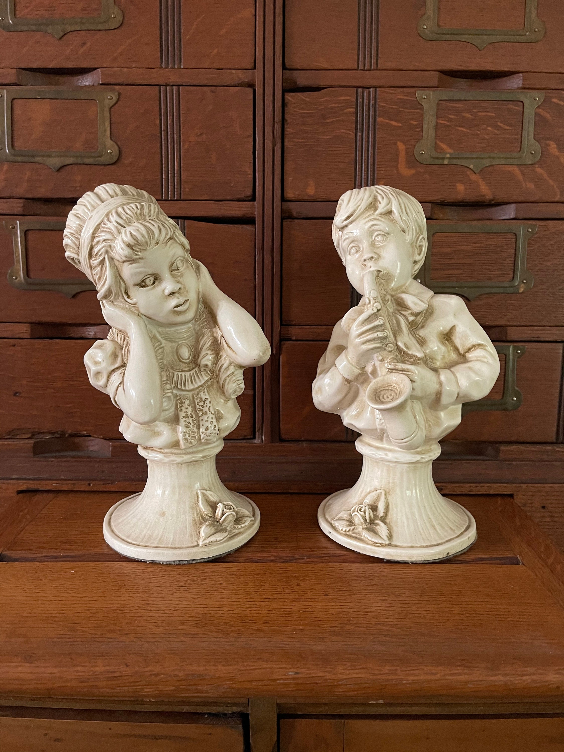 1950s Shabby Chic Brother and Sister Vintage Pair of White Boy and Girl Ceramic Pedestal Busts