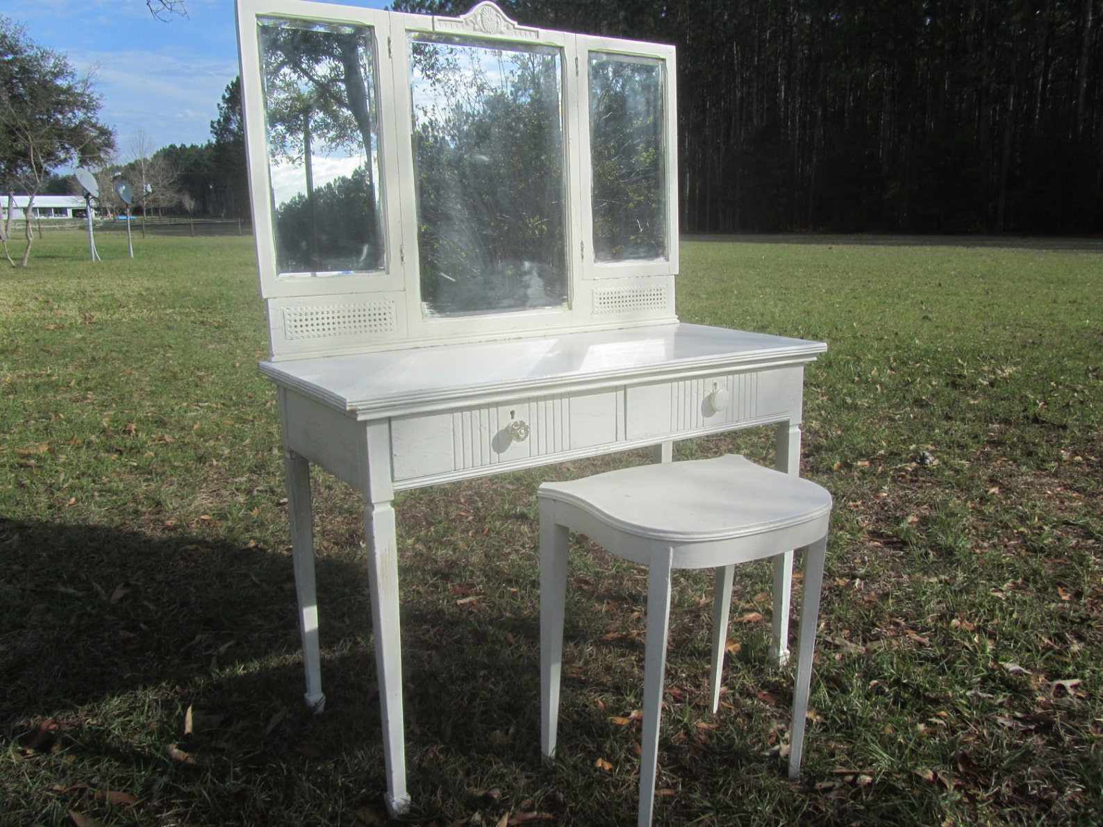 Shabby Chic Vanity Dresser Mirror and Stool Wood Desk and Etsy
