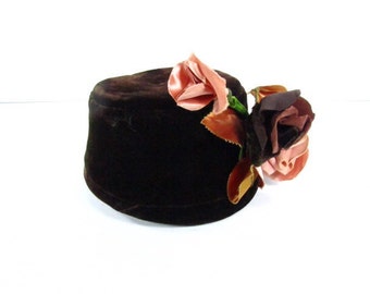 Vintage Pill Box Hat, Brown Hat, Designer Hat, Vintage Hat, Velvet Hat, flower hat