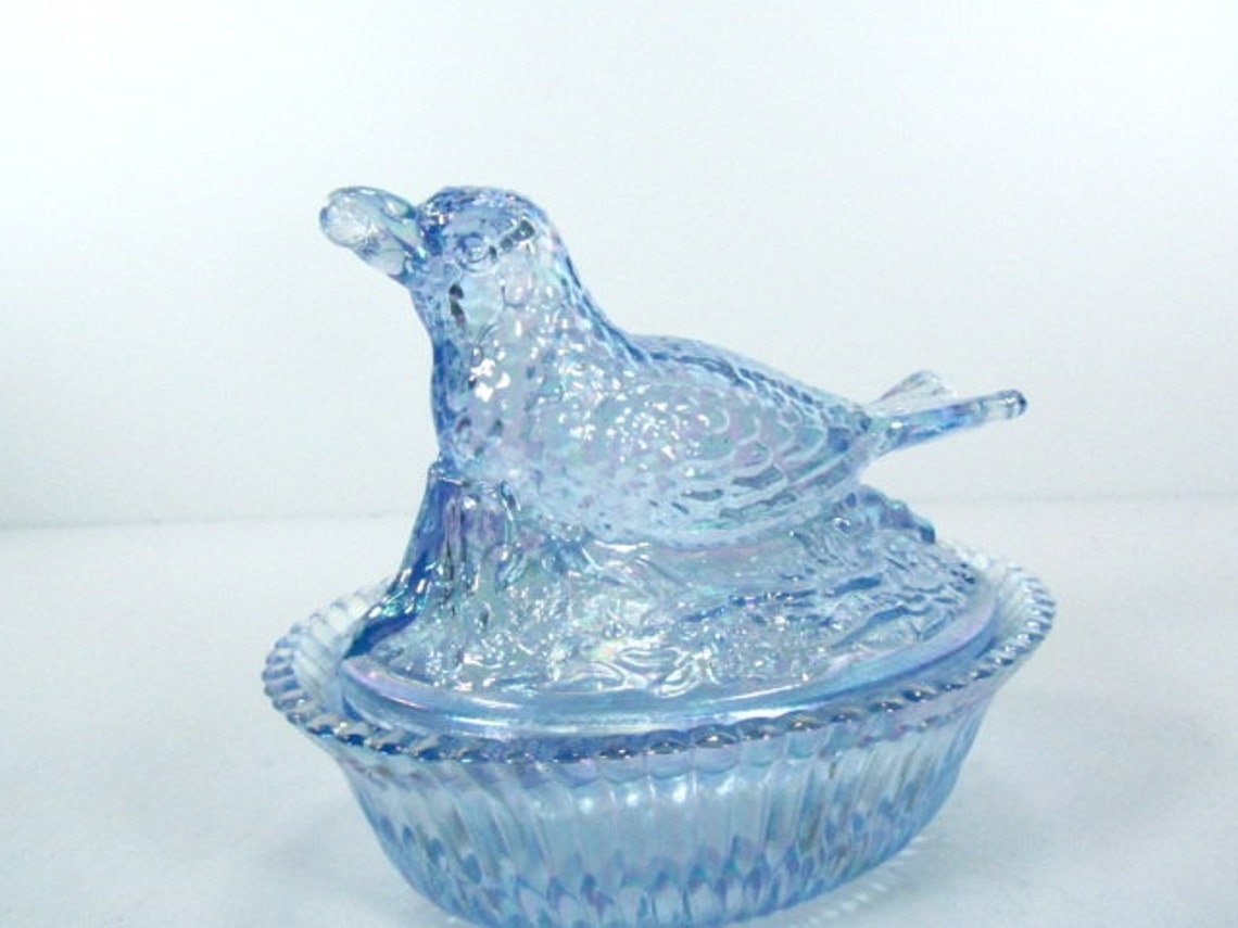 Glass candy dish blue glass bird cut glass vintage glass Etsy