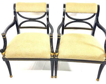 Regency Chairs, Upholstered Chairs, classic Furniture, rope carved wood chair, pair of chairs, black lacquer  chair, Occasional chair