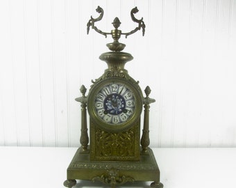 Antique French  Clock, Brass Clock, Mantle Clock, Ornate Clock, Blue clock face,