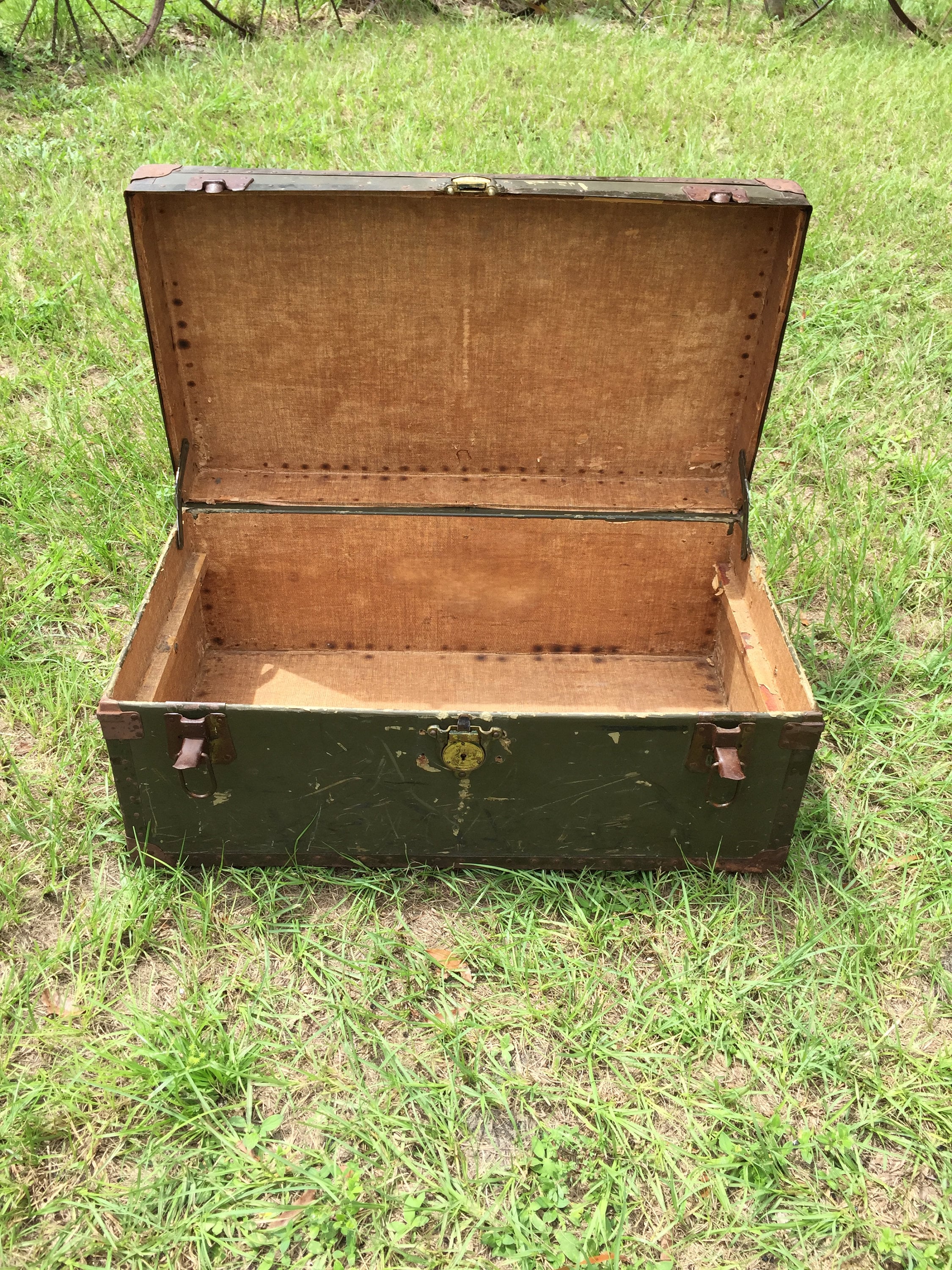 Sold at Auction: Vintage Metal Military Storage Trunk / Footlocker