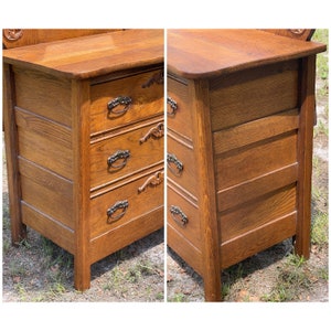 May include: Antique wooden dresser with four drawers and ornate hardware. The dresser is made of oak and has a rich brown finish. The dresser is in good condition and has been well-maintained.