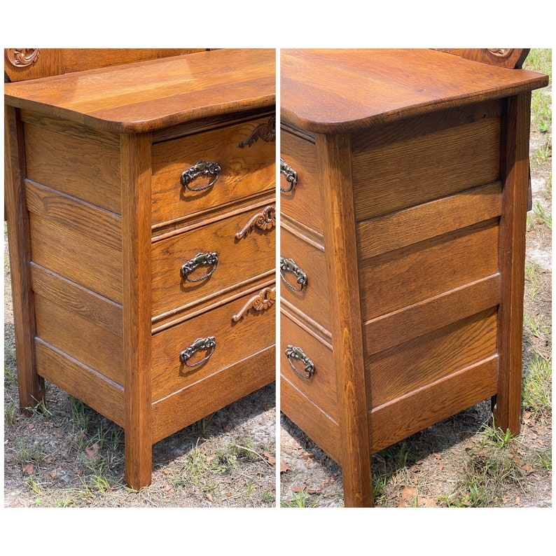May include: Antique wooden dresser with four drawers and ornate hardware. The dresser is made of oak and has a rich brown finish. The dresser is in good condition and has been well-maintained.