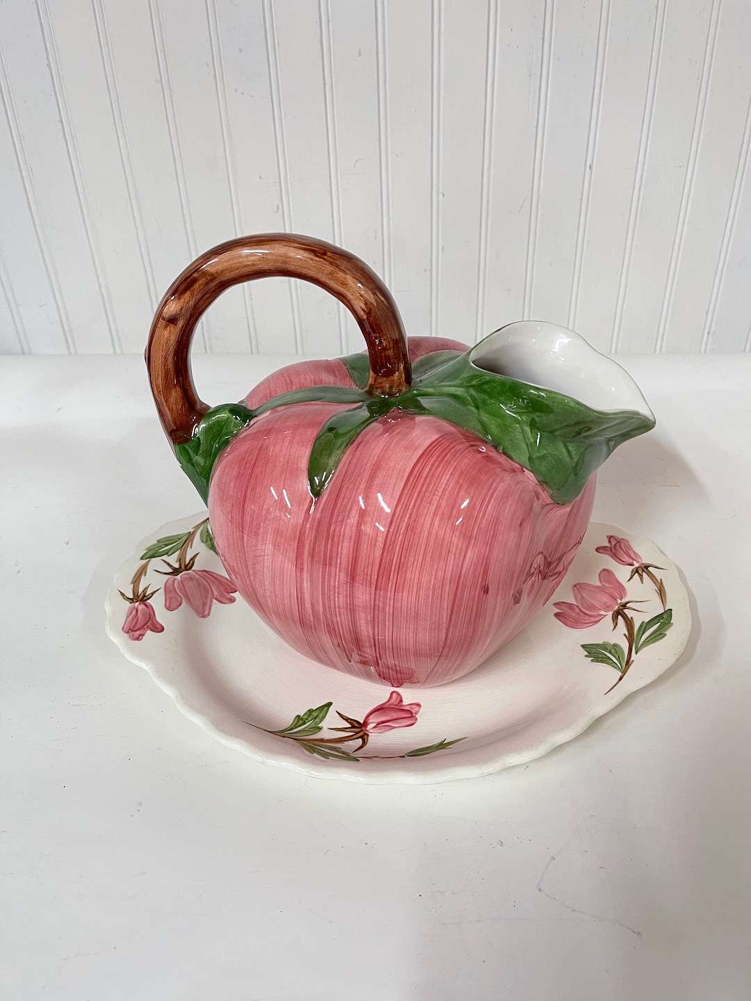 Vintage Pitcher and Under Plate, Apple Pitcher, Made Italy, Majolica ...