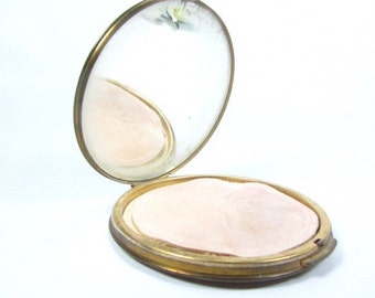 Vintage make-up Compact, gold Compact, Collectible, Mid Century Compact, Mirror, Powder puff