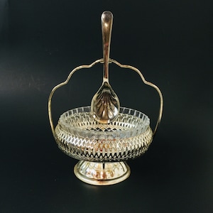 Vintage condiment dish, silver plate, retro glass, glass bowl, bowl and spoon, candy dish, serving dish, 1950 glass bild 1