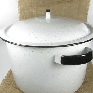 Large Vintage Enamel Pot, French enamelware, enamelware.vintage bowl,cook pot, Dutch oven,white bowl, black and white.