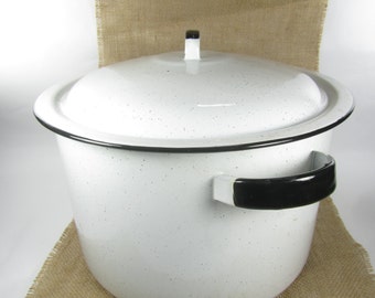 Large Vintage Enamel Pot, French enamelware, enamelware.vintage bowl,cook pot, Dutch oven,white bowl, black and white.