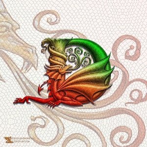 Impresión artística de la letra "D" de dragón, un monograma de fantasía adornado de la colección "Dracoserific"