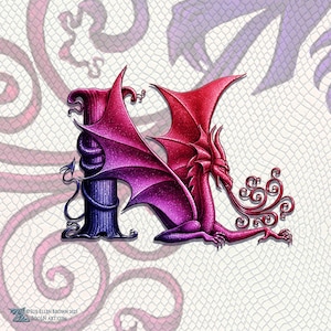 May include: A pink and purple dragon with wings curled around the letter "K" in a decorative font. The dragon is breathing out a puff of smoke.