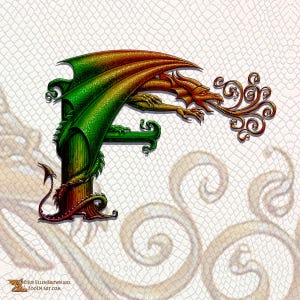 Drachen Buchstabe &quot;F&quot; Kunstdruck, ein verschnörkeltes Fantasy Monogramm aus der Kollektion &quot;&quot;Dracherfisch&quot;&quot;&quot;