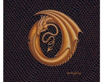 Dragon Letter "O" art print, an ornate fantasy monogram from the collection "Dracoserific"