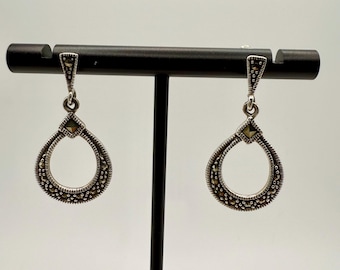 Pendientes colgantes vintage de plata de ley y marcasita