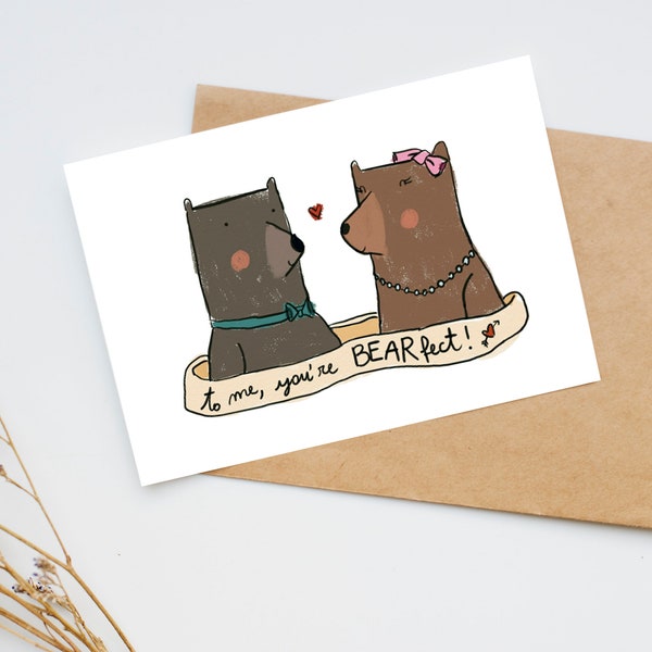 Love card with fond bears in brown, mint and pink, romantic illustration for children, To me you're BEARfect