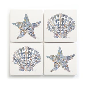Starfish and Scallop Shell Sandstone Coasters, Coastal Tabletop Decor, Beach Gifts, Heart Rocks Art