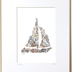 May include: A framed artwork featuring a sailboat made of small stones in shades of gray, brown, and beige. The artwork is signed "E. Shay" and dated "2013".