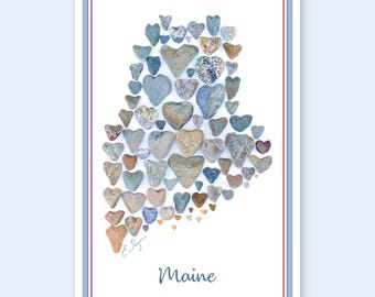 Maine Map Postcard Invitation, ME Love Souvenir Gifts, Heart Rocks Art