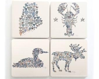 Maine coasters, Maine coaster set, State of Maine coasters, Maine gifts, Lobster coaster, Moose coaster, Loon coaster, Maine wildlife gifts