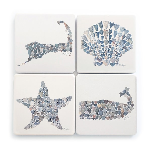 Cape Cod coaster set, Cape Cod coasters, Cape Cod art gifts, Cape Cod love, Whale coaster, Starfish coasters, Shell coaster, heart rocks art