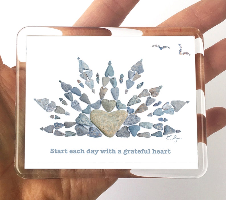 Start each day with a grateful heart magnet designed with heart rocks