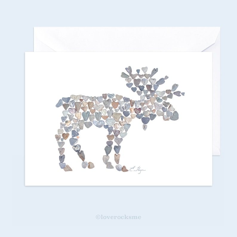 a moose note card with a photograph of a moose made out of heart rocks