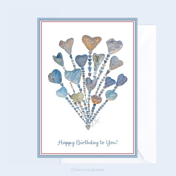 Birthday Balloons Card, Beach Birthday, Heart Rocks Art