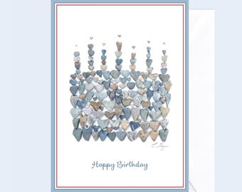Beach Theme Happy Birthday Card, Birthday Cake Greeting, Heart Rocks Art