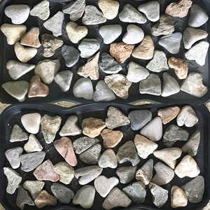 May include: Four black trays filled with smooth, gray, brown, and white heart-shaped stones. The stones are arranged in a pattern.
