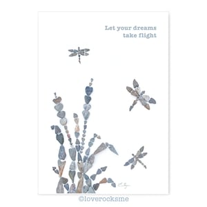 Let your dreams take flight card, encouragement card, graduation card, inspirational card, dragonfly gift, love rocks pebble art