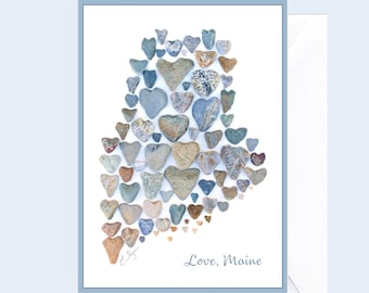 Maine Map Card, ME Love Stationary Wedding Invitation, Heart Rocks Art