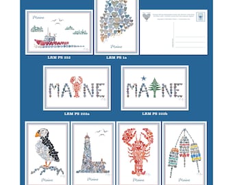 Maine Art Postcards, ME Love Invitations, Lobster, Puffin, Lighthouse, Buoys