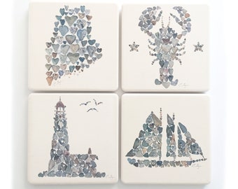 Maine coasters, Maine art gifts, Maine hostess gift, Maine map coaster, Lobster coaster, Schooner coaster, Lighthouse coaster