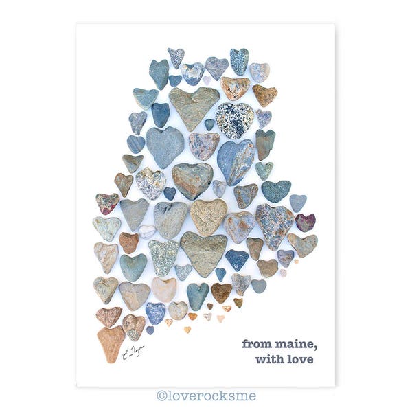 Maine card, Maine state map, Maine state card, Maine wedding, Maine engagement, Maine map gifts, Maine Valentine, love rocks pebble art