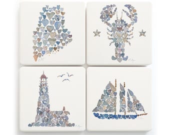 Maine Coast Love Sandstone Coasters, Lobster, Lighthouse, Schooner, ME gifts, Heart Rocks Art