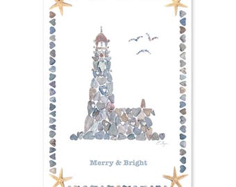 Lighthouse Christmas card, Merry & Bright card, coastal holiday card, beach Christmas card, coastal Christmas card, Maine Christmas cards