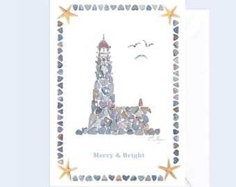 Lighthouse Christmas card, Merry & Bright card, coastal holiday card, beach Christmas card, coastal Christmas card, Maine Christmas cards