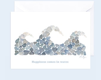 Happiness comes in waves card, card for a surfer, surfer card, coastal card, beach card, nautical stationary, inspirational card, surf card