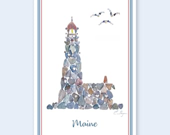 Maine Lighthouse Postcard, ME Love Wedding Invitations, Heart Rocks Art