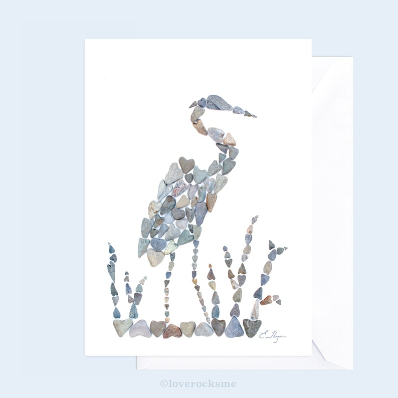 a great blue heron note card with a photograph of a heron made out of heart rocks