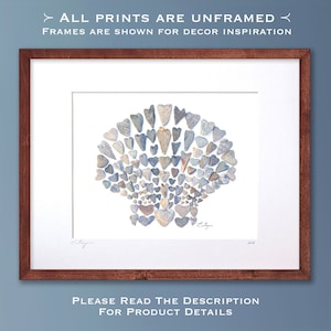May include: A framed print of a heart-shaped arrangement of gray stones. The print is in a brown wooden frame and has a white background. The text "ALL PRINTS ARE UNFRAMED" and "FRAMES ARE SHOWN FOR DECOR INSPIRATION" is at the top of the image. The text "PLEASE READ THE DESCRIPTION FOR PRODUCT DETAILS" is at the bottom of the image.