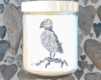Puffin candle, Puffin art gifts, Maine art gifts, Maine candle, Coastal hostess gift, Maine housewarming gift, Maine made gifts, Heart rocks