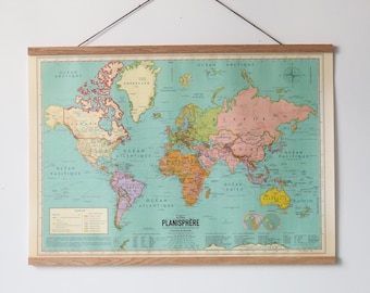 Current World Map Poster Kit, World Map, planisphere Detailed vintage style (French) with magnetic poster holder. World map