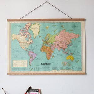 Current World Map Poster Kit, World Map, planisphere Detailed vintage style French with magnetic poster holder. World map image 1