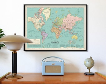 French Poster Current World Map Vintage Style Detailed Planisphere (French version)