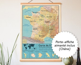 Kit Affiche carte de France vintage + Cadre Porte affiche - Nouvelles Régions et départements