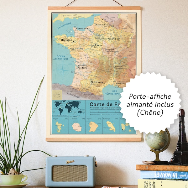 Kit Affiche carte de France vintage + Cadre Porte affiche - Nouvelles Régions et départements