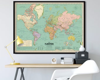 Affiche Carte du monde Actuel, World map, XL Style vintage, planisphère en français  détaillé (non encadrée) mappemonde