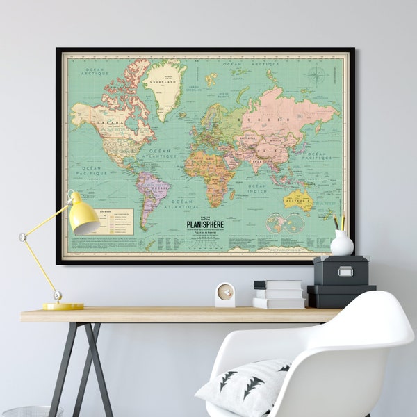 Affiche Carte du monde Actuel, World map, XL Style vintage, planisphère en français  détaillé (non encadrée) mappemonde